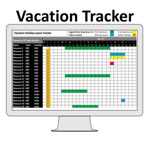 Może przedstawiać: Monitor komputera wyświetlający arkusz kalkulacyjny "Vacation Tracker". Arkusz kalkulacyjny zawiera szczegóły urlopów pracowników, z kolorowymi komórkami wskazującymi status urlopu. Tekst "Vacation Tracker" jest wyświetlany u góry ekranu.