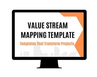 Puede incluir: Una pantalla de ordenador que muestra una plantilla de mapeo de flujo de valor con el texto "VALUE STREAM MAPPING TEMPLATE" y "Templates That Transform Projects". La pantalla es negra con un fondo blanco y una forma geométrica naranja brillante en la esquina superior derecha.