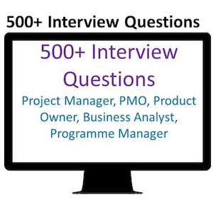Op de afbeelding: Een computerscherm met de tekst "500+ Interviewvragen" met de ondertitel "Projectmanager, PMO, Product Owner, Business Analyst, Programmamanager".