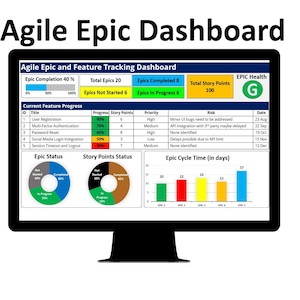 May include: A computer screen displaying an Agile Epic Dashboard with a green 'G' for EPIC Health. The dashboard shows the progress of 20 epics, with 6 in progress, 8 completed, and 6 not started. The dashboard also shows the current feature progress, story points status, and epic cycle time in days.