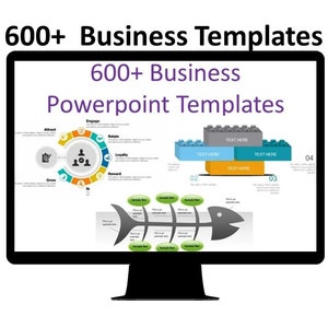 Könnte beinhalten: Ein Computerbildschirm zeigt eine PowerPoint-Präsentation mit dem Titel "600+ Business-Vorlagen". Die Präsentation enthält verschiedene Diagramme und Grafiken zum Thema Business, darunter ein Kreisdiagramm mit den Wörtern "Anziehen", "Engagieren", "Binden", "Loyalität" und "Belohnen", ein Diagramm mit einer Fischgrätenstruktur und ein Diagramm mit vier Blöcken, die mit "Text hier" beschriftet sind.