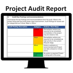 May include: A computer screen displaying a project audit report with a table outlining audit findings and recommendations. The table has four categories: Critical, Major, Minor, and Progressing Well. Each category has a corresponding colour: red, orange, yellow, and green. The table also includes a column for actions and next steps.