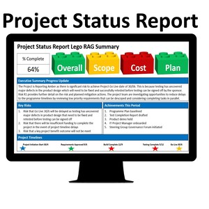 May include: A computer screen displaying a project status report with a Lego RAG summary. The report shows the project is 64% complete and is currently in an amber status. The report includes key risks, project timelines, and achievements for the current period.