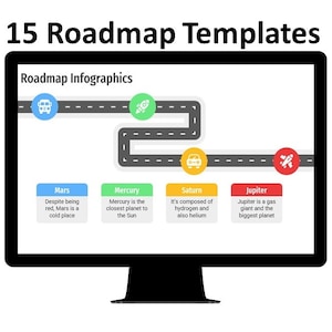 Puede incluir: Una pantalla de ordenador que muestra una infografía de hoja de ruta con un camino negro y cuatro círculos de colores que representan planetas. El texto en la pantalla dice "Roadmap Infographics" e incluye información sobre Marte, Mercurio, Saturno y Júpiter.