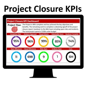 May include: A computer screen displaying a project closure KPI dashboard for Project Titan. The dashboard shows a completion rate of 95%, artifacts approved at 96%, closed defects at 99%, stakeholder score at 85%, and handover complete at 74%. The dashboard also shows 11 open milestones, 698 closed milestones, 9 risks open, 1 incident open, and a cost of 6 million dollars.
