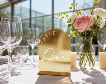 Specchio d'oro arco acrilico tavolo da matrimonio numero con supporto 1-25, cartello in acrilico con supporto per centrotavola, ricevimento, festa, anniversario  15