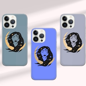 Cute Moon Girl Phone Case Spiritual Cover fit for iPhone 15 Pro Max, 14 Plus, 13, 12, 11, XR & Samsung S24, S23, A54, A53,Pixel 8 Pro,7