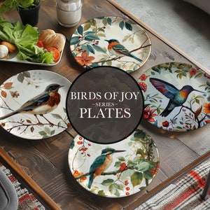 Bone China Plates Birds and Flowers - Fine Dining Bird Decor - Unique Bird Design Flower - Decorative Ceramic Plates - Sets of 1, 2, 4 and 8