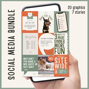 Puede incluir: Un smartphone muestra un paquete de gráficos para redes sociales con 20 gráficos y 7 historias. El diseño incluye texto como "Get 20% Off", "Meet the Team" y "3 Ways to Make Dinner More Fun". También se presentan imágenes de un perro y un gato.