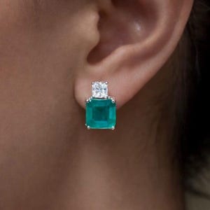 Boucles d'oreilles carrées en argent 925 avec tourmaline Paraiba et diamants - Puces d'oreilles en argent sterling image 1