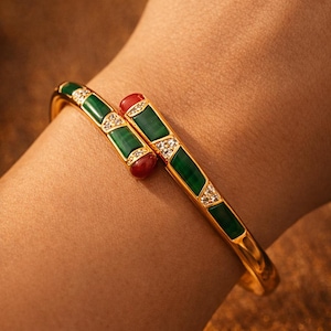 Gold Plated Art Deco Hinged Bangle, Emerald Green Enamel Crystal Bracelet