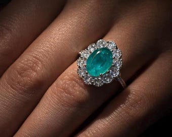 Bague Art Déco en argent 925 avec tourmaline Paraiba : diamant taille fleur