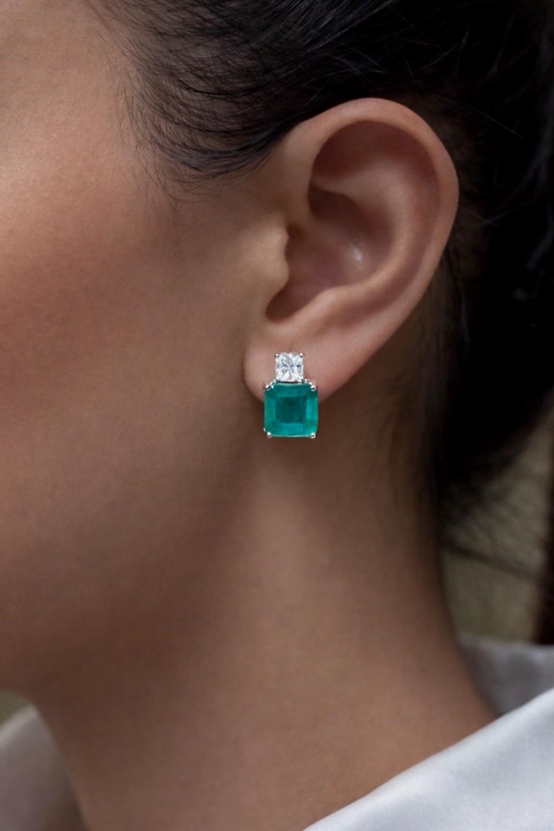 Boucles d'oreilles carrées en argent 925 avec tourmaline Paraiba et diamants - Puces d'oreilles en argent sterling image 1