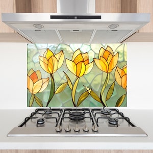 Tempered Glass Backsplash Tile-Flower Backsplash Tiles-Stove Backsplash for Kitchen Splashback for Stove Back Cover-Yellow Floral Backsplash