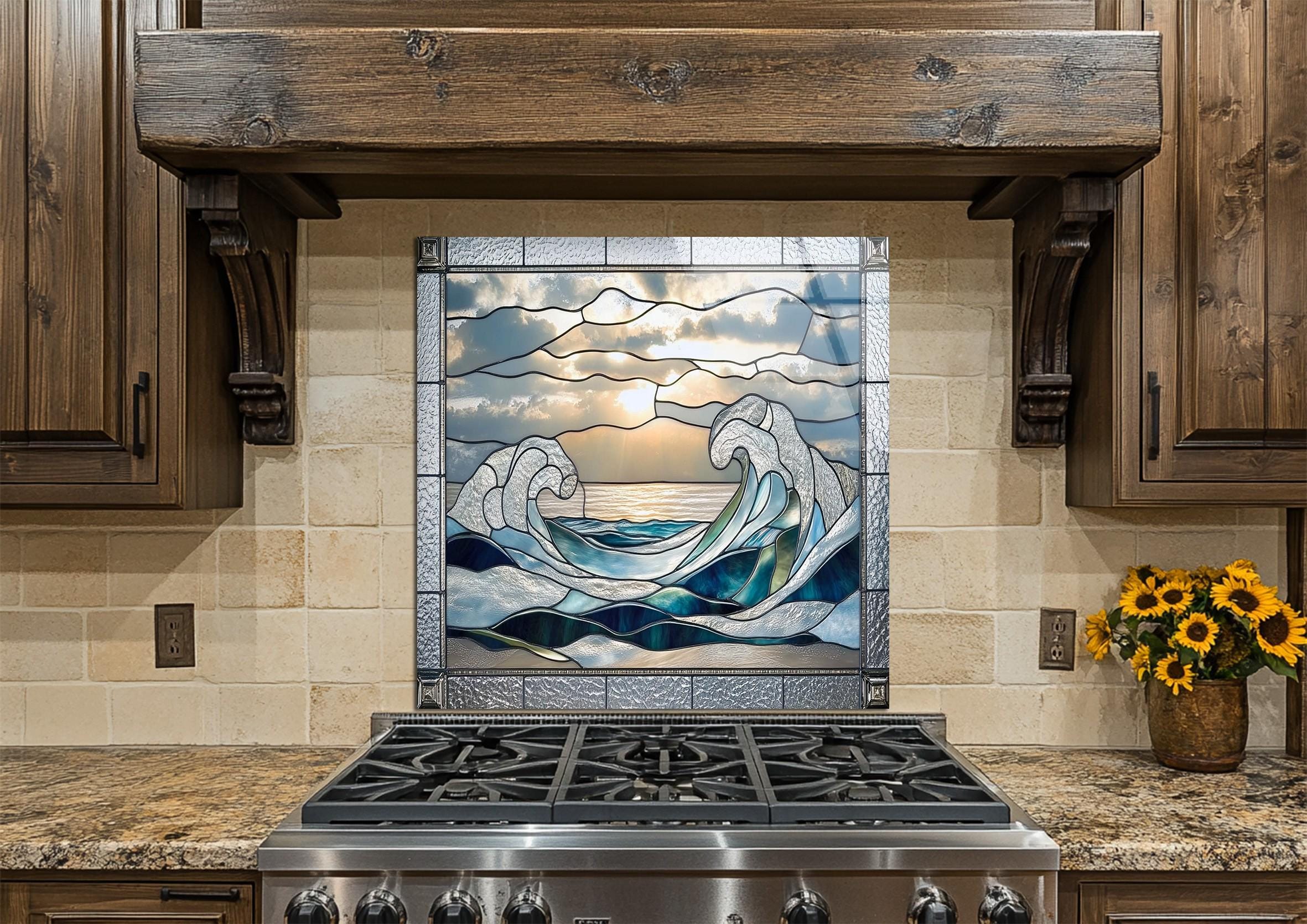 Stained Glass Ocean Wave Wall Art on Glass – Blue Sea & Sunset Design ...