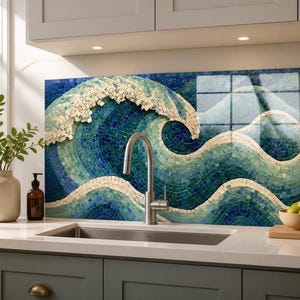 May include: A kitchen backsplash panel featuring a mosaic design of ocean waves in shades of deep blue, teal, and white. The artwork depicts a large cresting wave with textured white foam details, installed behind a stainless steel kitchen sink faucet.