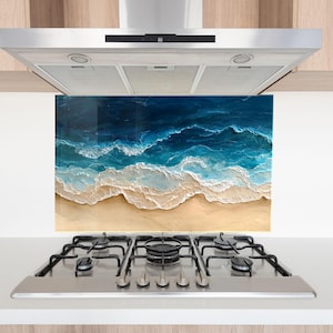 Tempered Glass Kitchen Backsplash, Waves Backsplash, Stove Backsplash for Ocean wave Splashback for Stove Back Cover, Beach Backsplash