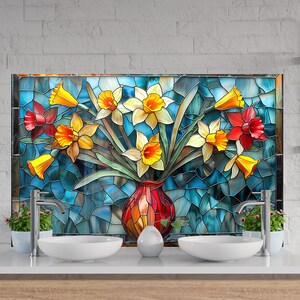 Heat resistant tempered glass backsplash with colorful flowers