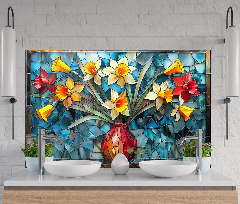 Heat resistant tempered glass backsplash with colorful flowers