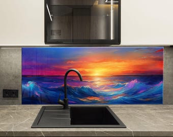 Ocean Sunset Tempered Glass Backsplash – Colorful Seascape Wall Art