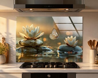Lotus Butterfly Tempered Glass Backsplash, Zen Stacked Stones Kitchen Splashback, Tranquil Water Floral Stove Panel