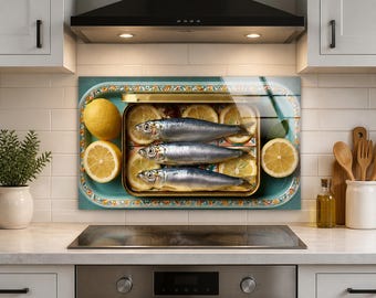 Sardine and Lemon Tempered Glass Backsplash, Mediterranean Seafood Kitchen Splashback, Vintage Tin Fish Glass Panel