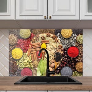 Tempered Glass Kitchen Backsplash, Kitchen Herbs Backsplash, Spice Backsplash for Kitchen Splashback for Stove Back Cover, Spices Backsplash