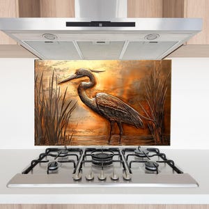 Panel ścienny do kuchni Heron Bird – rustykalny miedziany panel ścienny ze szkła hartowanego, osłona przeciwbryzgowa do pieca, elegancki wystrój domu