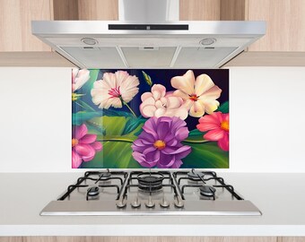 Floral Tempered Glass Kitchen Backsplash, Flower Splashback for stove back cover