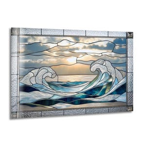 May include: Stained glass panel depicting ocean waves under a cloudy sky with a setting sun. The artwork features shades of blue, white, and green, with a textured, silver-toned border. The waves are stylized, creating a dynamic and artistic representation of the sea.
