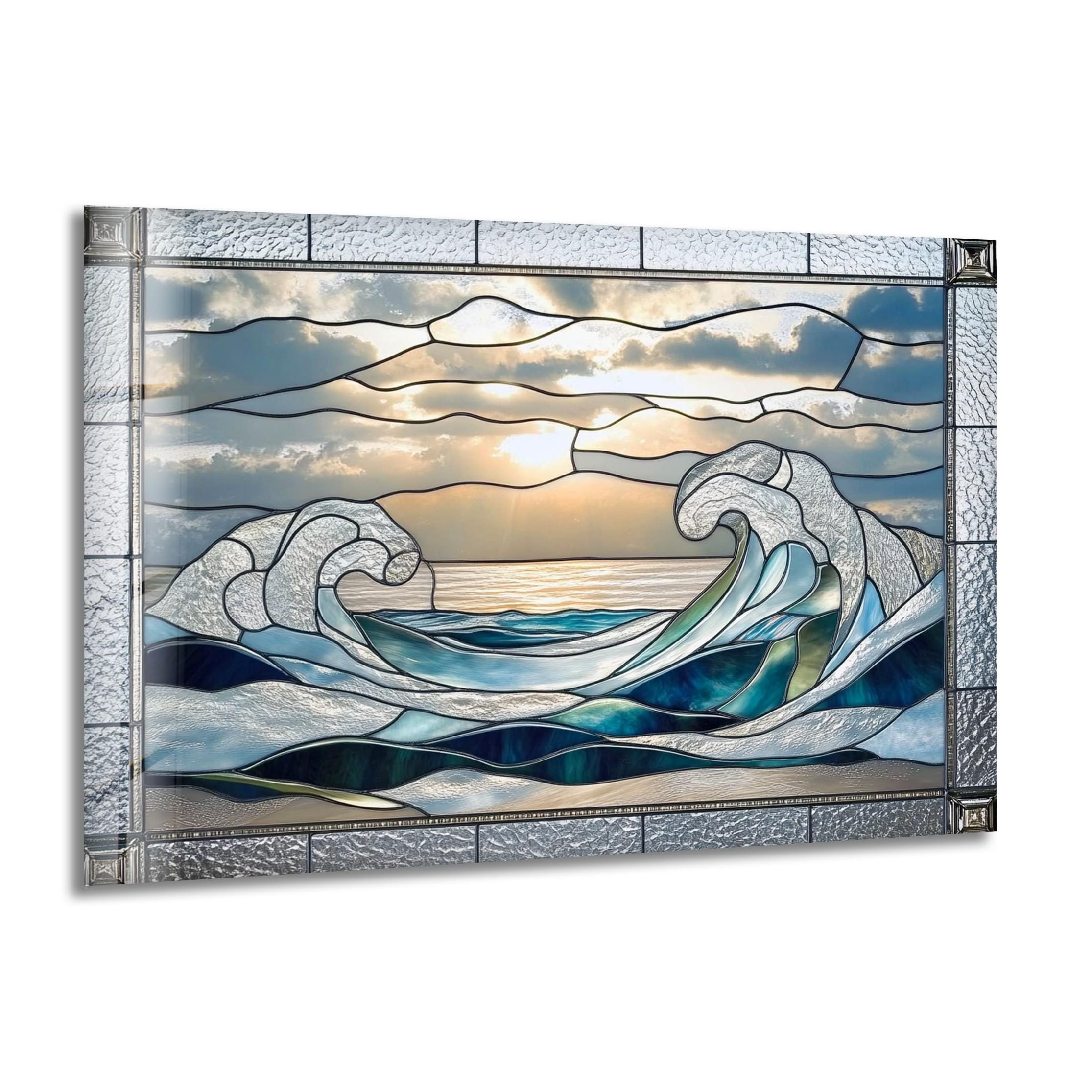 Stained Glass Ocean Wave Wall Art on Glass – Blue Sea & Sunset Design ...