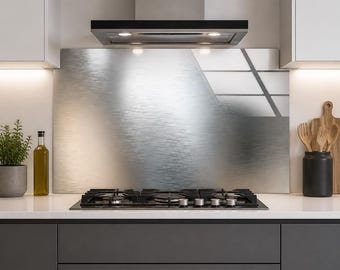 Brushed Silver Effect Tempered Glass Backsplash, Modern Metallic Texture Kitchen Splashback, Minimalist Gray Wall Panel