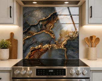 Smoky Gray Agate Look Tempered Glass Backsplash, Gold Edge Geode Effect, Brown Luxury Kitchen Splashback Panel