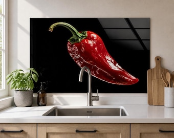 Red Pepper Tempered Glass Backsplash, Minimalist Black Kitchen Splashback, Bold Vegetable Food Art Glass Panel