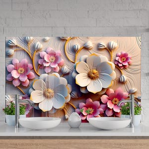 Tempered Glass Kitchen Backsplash, Flower Backsplash, Stove Backsplash for Kitchen Splashback for Stove Back Cover, Floral Backsplash