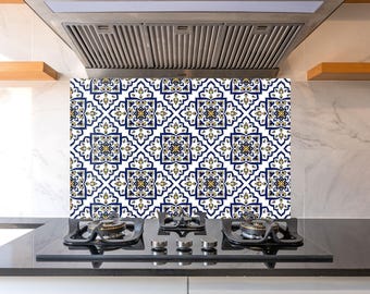 Blaue marokkanische Fliesenmuster gehärtetes Glas Küchen Backsplash, geometrische Keramik Style Herd Splashback Wandkunst Panel