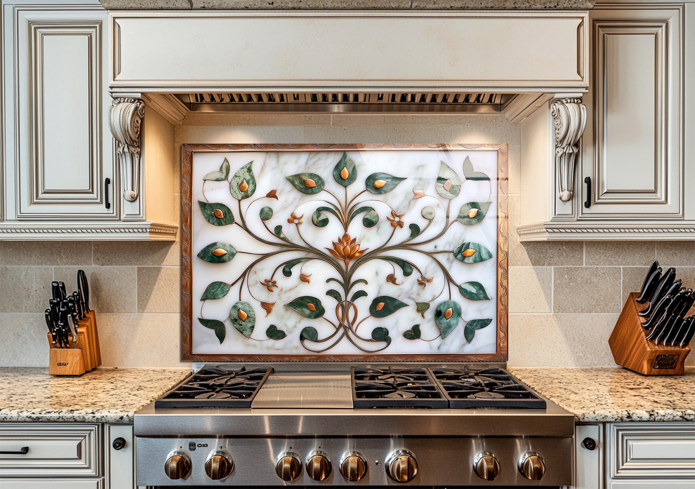Leaf Pattern Splashback Elegant Floral Glass Backsplash – Green Leaf Botanical Design With ...
