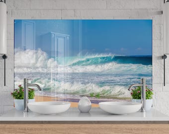 Tropical Ocean Wave Tempered Glass Backsplash: Kitchen & Bath