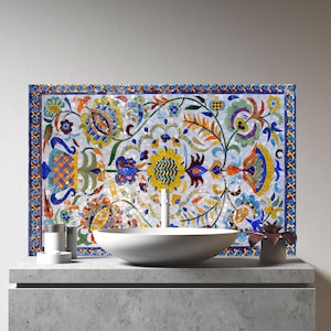 Floral Mosaic Tempered Glass Backsplash – Mediterranean Glass Splashback for Kitchen Stove Back Cover