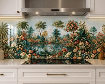 Garden Lake Glass Backsplash, Kitchen Splashback Panel, Floral Landscape Stove Back Panel