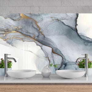 Luxury Abstract Marble Tempered Glass Kitchen Backsplash & Splashback – White Gray Stone Effect Heat Resistant Wall Panel