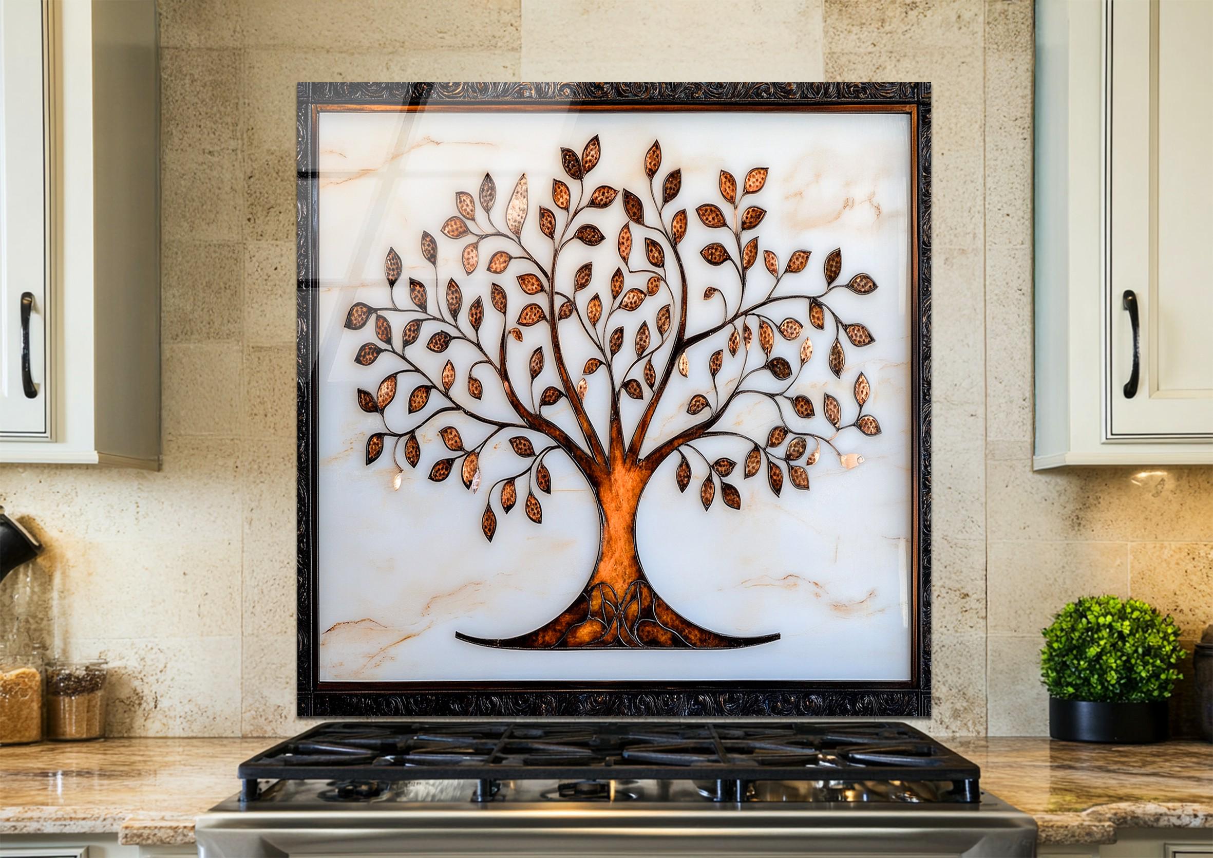 Stained Life of Tree Tempered Glass Backsplash Tile , Rustic Glass ...