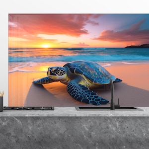 Sea Turtle Tempered Glass Backsplash: Coastal Kitchen Decor