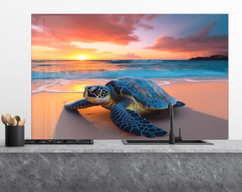 Sea Turtle Tempered Glass Backsplash: Coastal Kitchen Decor