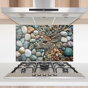 Tempered Glass Backsplash, Sea Stones Backsplash, Deer Backsplash for Kitchen Splashback for Stove Back Cover, Backsplash Behind Stove