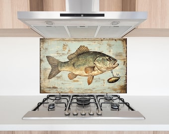 Salpicadero de cocina de vidrio templado con diseño de pez vintage, arte de pared rústico con diseño de casa de lago, panel de vidrio resistente al calor para protección de pared.