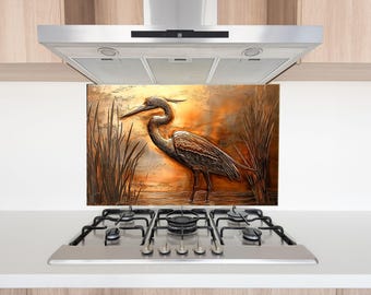 Heron Bird Kitchen Backsplash: Rustic Copper Tempered Glass Wall Art