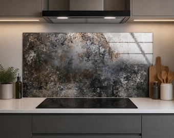 Gray Concrete Look Tempered Glass Backsplash, Distressed Cement Texture, Urban Industrial Kitchen Splashback Panel