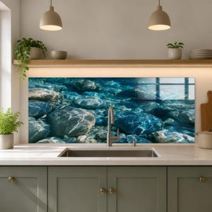 Underwater River Stone Tempered Glass Backsplash Tile, Blue Pebble Kitchen Splashback, Sunlit Clear Water Stove Panel