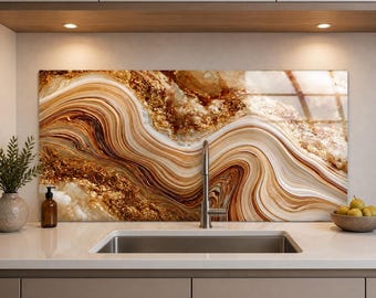 White Gold Agate Look Tempered Glass Backsplash, Cream Geode Marble Swirl Effect, Luxury Neutral Kitchen Splashback